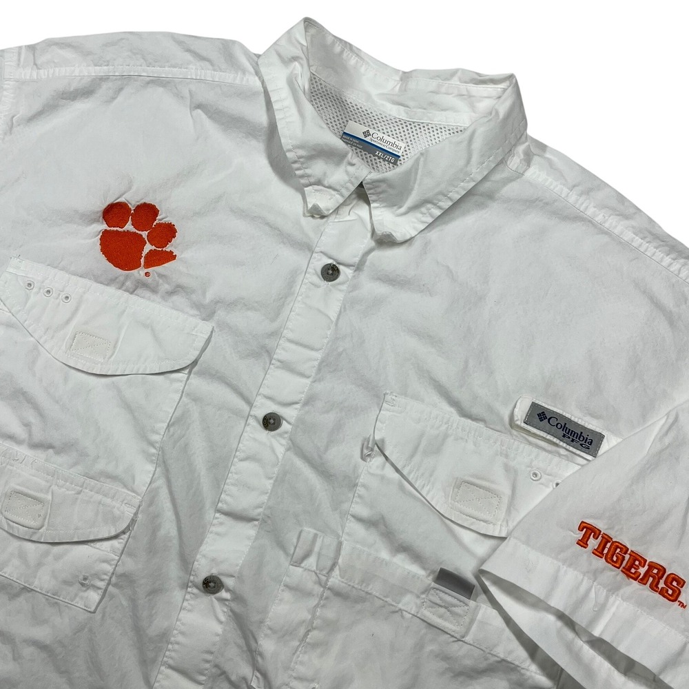 Columbia PFG Clemson Tigers Men XXL White Short Sleeve Fishing Shirt XM7891